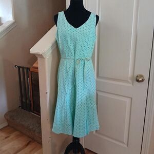 Y2K VTG Gabriella Skye Blue/Green Eyelet Sleeveless Midi Dress Striped Belt 10